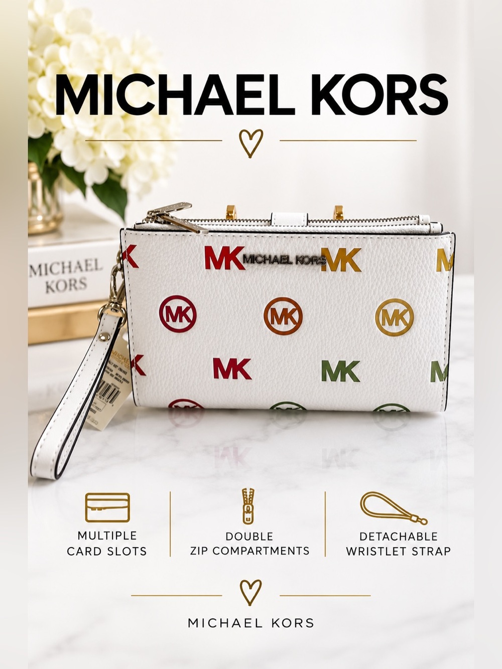 Michael Kors NWT White Multicolor MK Logo Wristlet/Wallet